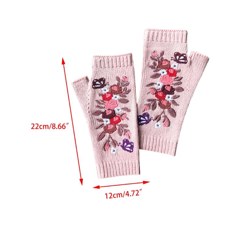 

Five Fingers Gloves Vintage Knitted With Embroidery Floral Fingerless Warm Hand Warmer Mitten X5XA