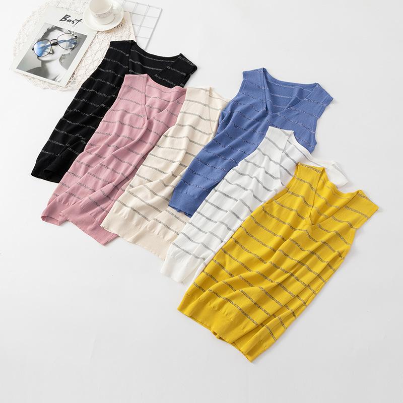 

SINGREINY Women Striped Knitted Vest Summer Cool Sleeveless Slim Camisoles Korean O Neck Shiny Elastic Tank Top, White