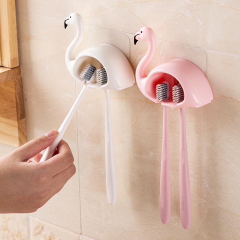 

Creative Cartoon Flamingo Toothbrush Holder Hooks Wall Mounted Suction Cup 2 Position Brush Stand Shelves Bathroom Rack Tools