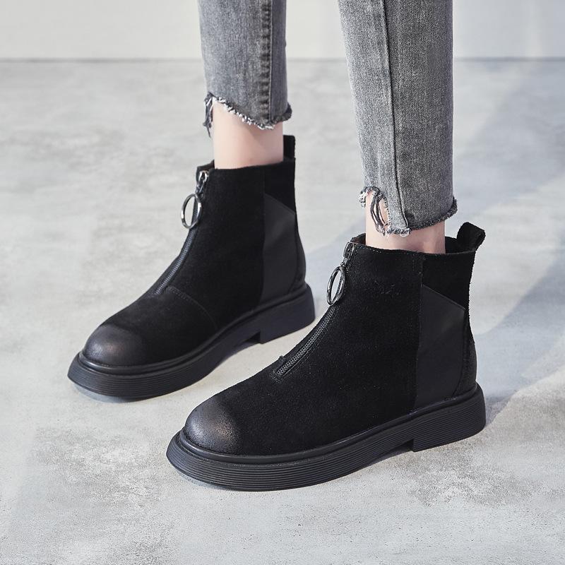 

Timalina Winter Short Plush Warm Leather Ankle Boots Ladies Motorcycle Boots Low Heel Front Zipper Brand Fashion Woman Brown, Black