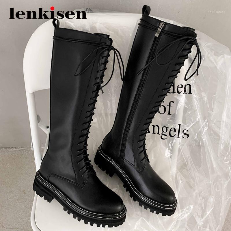 

Lenkisen motorcycle boots natural leather platform coolest round toe thick med heel zipper young girls cozy knee high boots L801, Beige