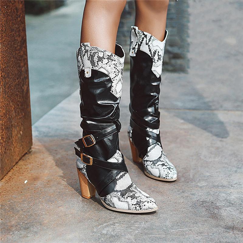 

YMECHIC 2020 Fashion Western Snake Print Buckle Strap Block High Heels Long Winter Boots Women Black Boots Female Shoes Woman
