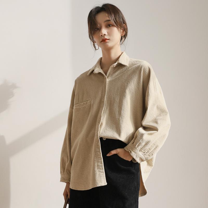 

2021 New Corduroy Blouse Women Shirts Striped Long Sleeve Turn Down Collar Single Breasted Coat Top Autumn Winter Solid Outwear, Gray