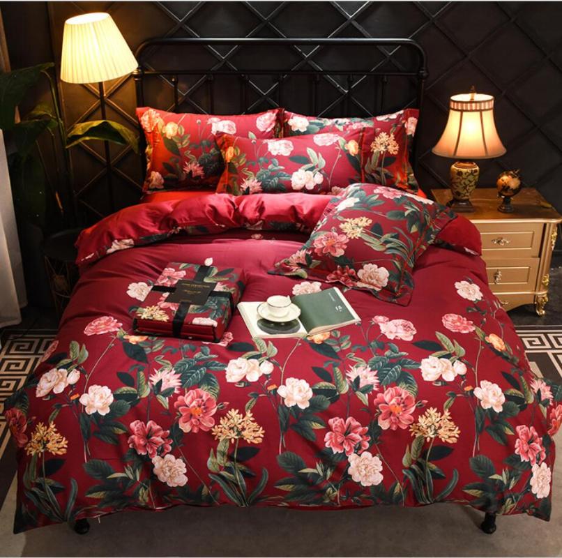 

Red Flowers Print Bedding Set Home Textile 4pcs Egyptian Cotton Solid Duvet Cover Bed Sheet Linen King Size Pillowcases Queen