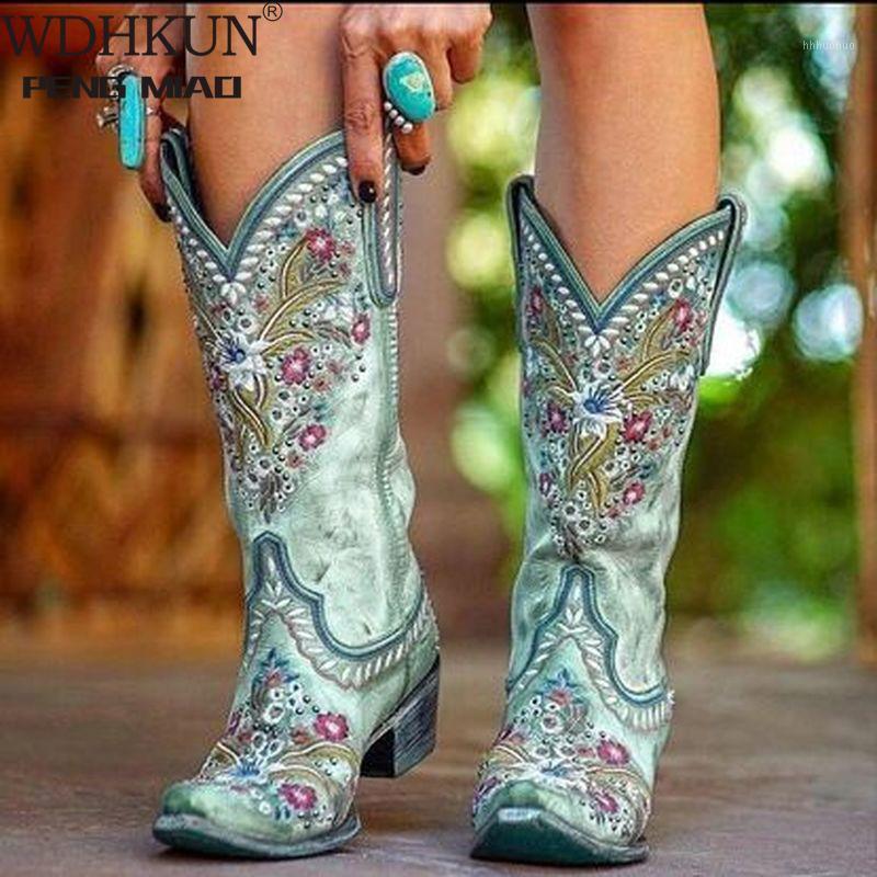 

Women's Embroidery Mid-Calf Boots Woman Thigh High Shoes Female Pumps Ladies Pointed Toe Mid Heels Women Footwear Plus Size 431, Green