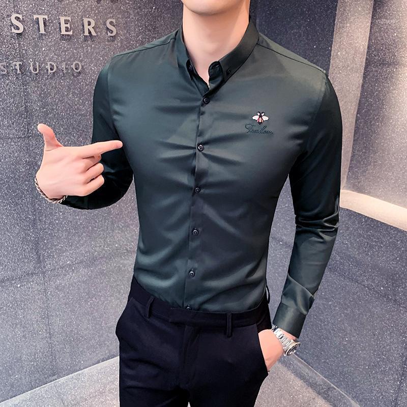 

Bee Embroidery Mens Business Shirts Casual Slim Fit Long Sleeve Dress Shirt High Quality Formal Social Black White Shirt Camisa1