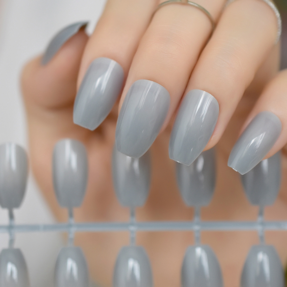 

24pcs/kit Candy Gray Nail Tips Flat Medium Coffin Design Kit Full Wrap Fake Artificial Nails for Women Finger Patch Makeup 721B, 210b