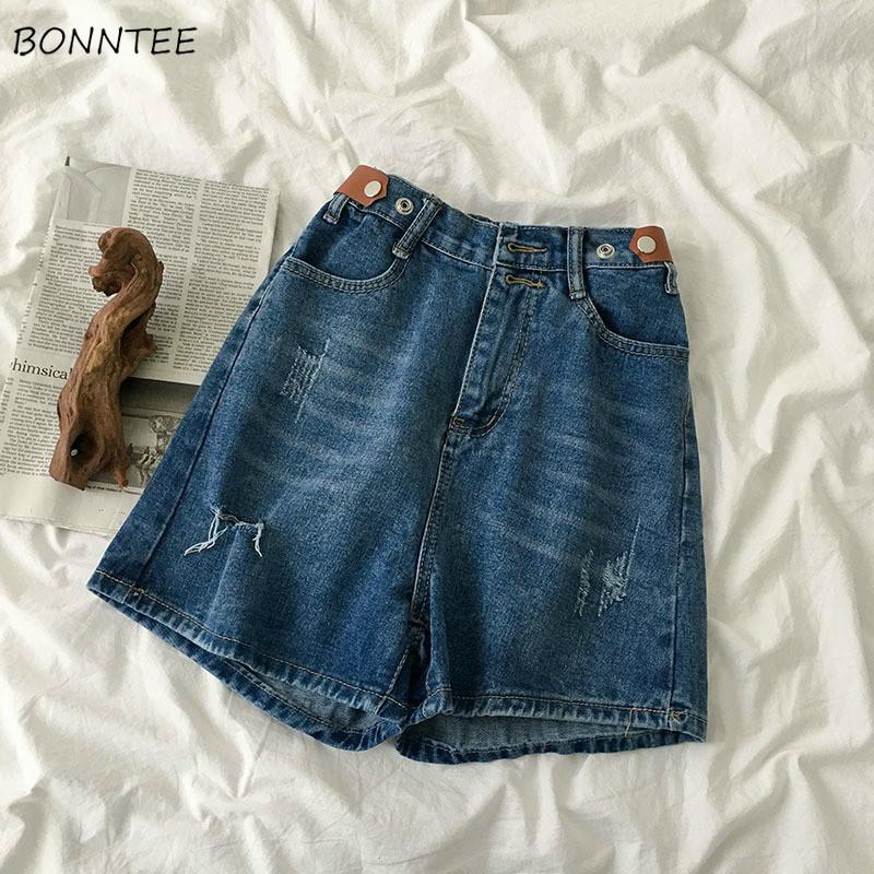 

Shorts Women High-waist Denim Stylish Hole Pockets Womens Korean Style Casual All-match Students Button Simple Chic Retro Ripped, Blue