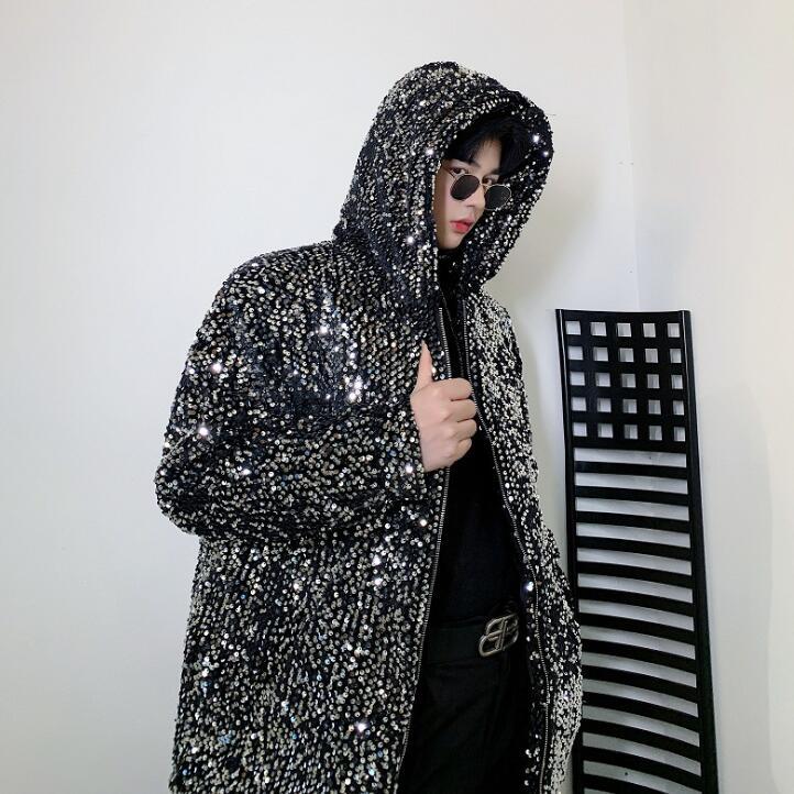 

Men's Jackets Sequins Jacket Men Clothes Mens And Coats Jaqueta Singer Stage Thick Hooded Velvet Padded Personality Fashion, Black