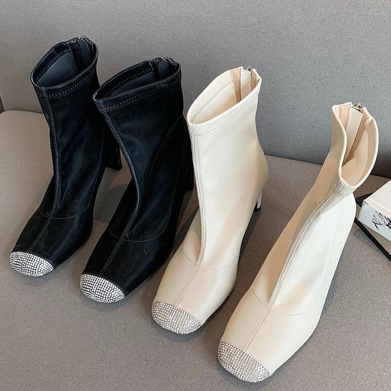 

2020 Winter Designer Women Zippers Apricot Ankle Boots Medium Heels Black Boots Diamond Square Toe Short Lady Party Shoes