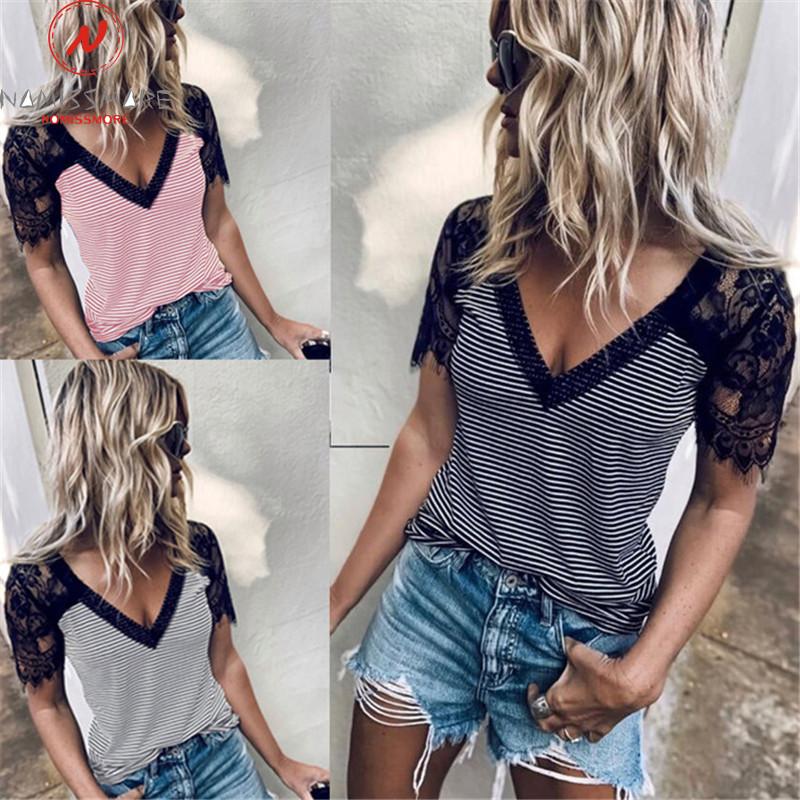 

Fashion Women Summer Striped Print T-Shirts Patchwork Design Lace Deocr See Through V-Neck Short Sleeve Slim Pullovers Top, Black