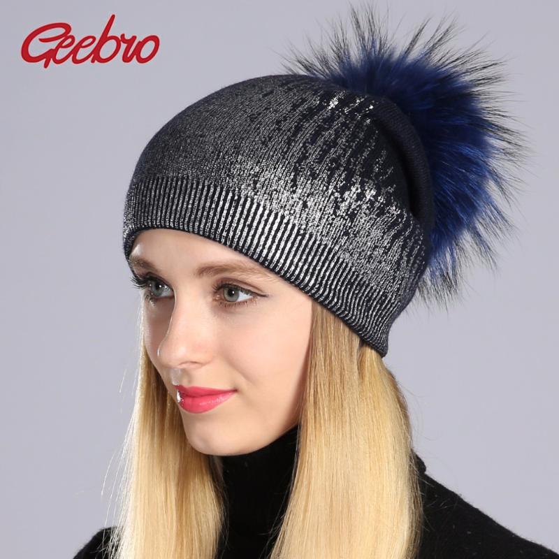 

Geebro Winter Women's Print Silver&Gold Beanies Hat Casual Warm Knitted Wool Beanies With Real Fur Pom Pom Ladies Cashmere Hat, Gold gray a