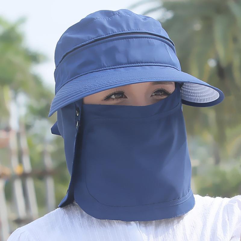 

Outdoor Summer Cycling Women's Foldable Sun Hat UV Protection Wide Brim Hat Face Neck Protection Big Head Wide Beach Masked Hats, Navy