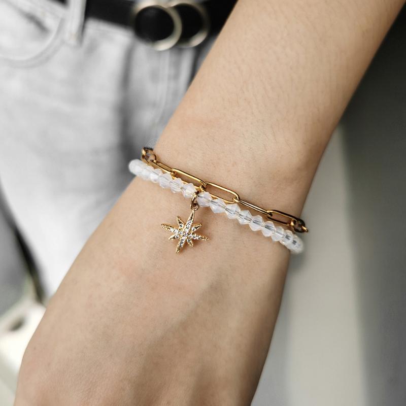 

Double Layered Charm Bracelet for Women White Beads Paperclip Chain CZ Snowflake Charm Cute Jewelry Gifts Wholesale LDB309