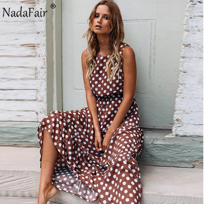 

Nadafair Maxi Polka Dot Dress Women Boho Beach Party Chiffon Summer Dress Elastic Waist Dot Casual Elegant Long Vestidos, Black