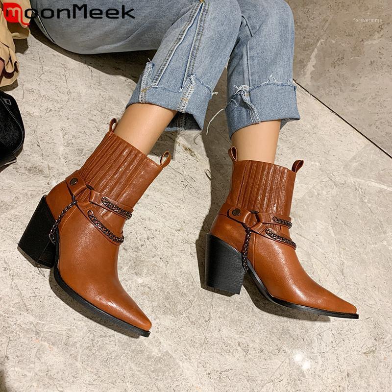 

MoonMeek 2020 new genuine leather boots pointed toe slip on women ankle boots thick high heels prom autumn winter1, Red