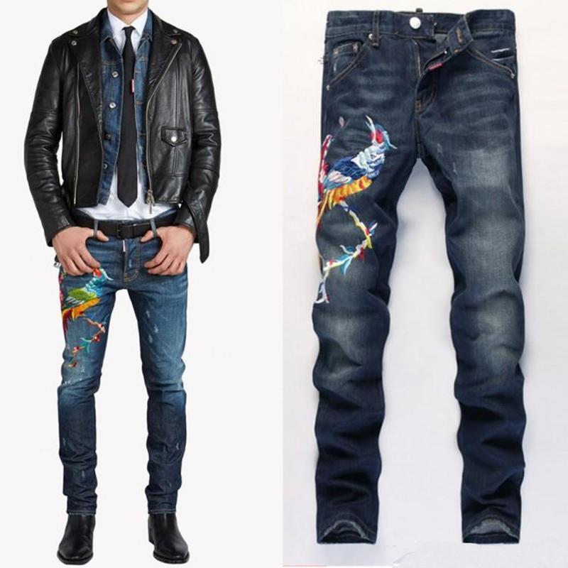 

Wholesale-European American Fashion Men's Embroidery Phoenix Jeans Street Star Show Slim Straight Embroider Denim Trousers1, Blue