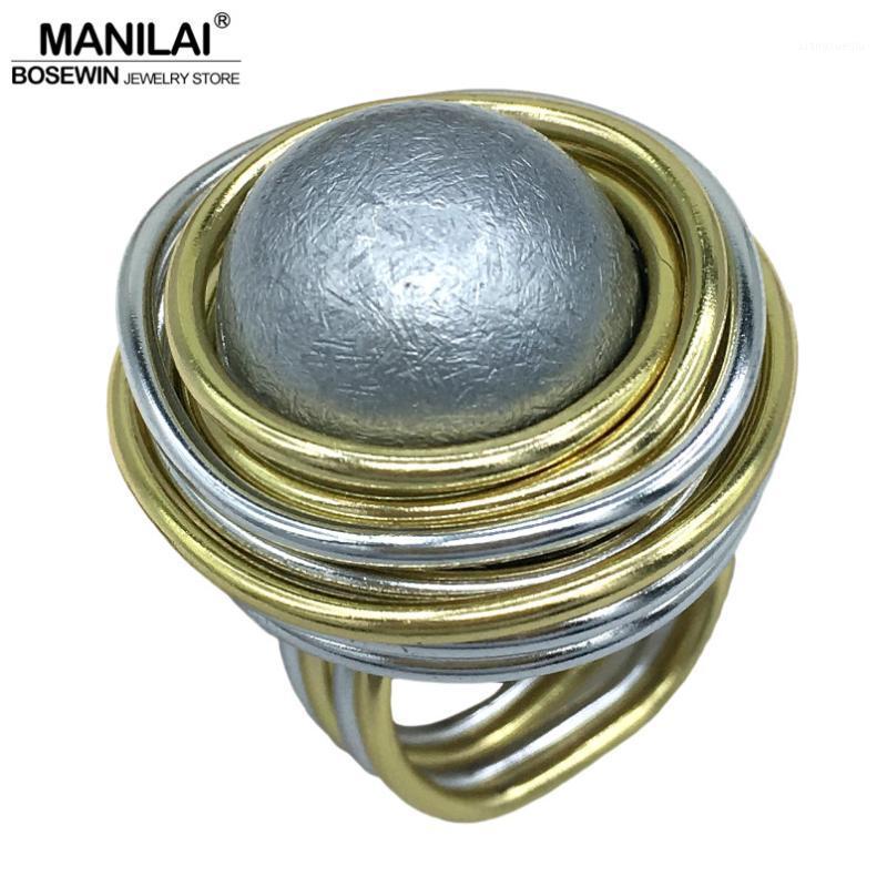 

Cluster Rings MANILAI Unique Handmade Simulated Pearl For Women Fashion Jewelry Wire Spiral Acrylic Bead Vintage Finger Big, Golden;silver