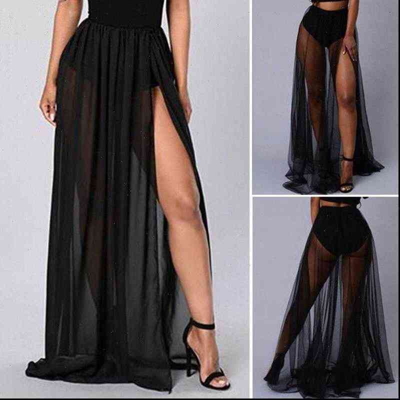 

women skirts trendy arrival fitted sheer mesh see through long maxi skirt stylish female chiffon, Black