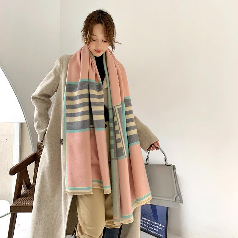 

Fashion autumn thick two-sided cashmere Scarf New style winter soft stripe tassels Beach towel lady Popular wool keep warm Shawl