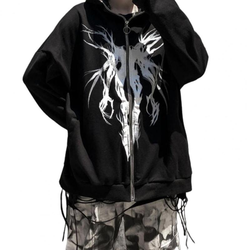 

Men's Hoodies & Sweatshirts Harajuku Unisex Vintage Print Zipper Cotton Blend 2022 Sweatshirt Oversize Coat Autumn Long Sleeve Cardigan, Black