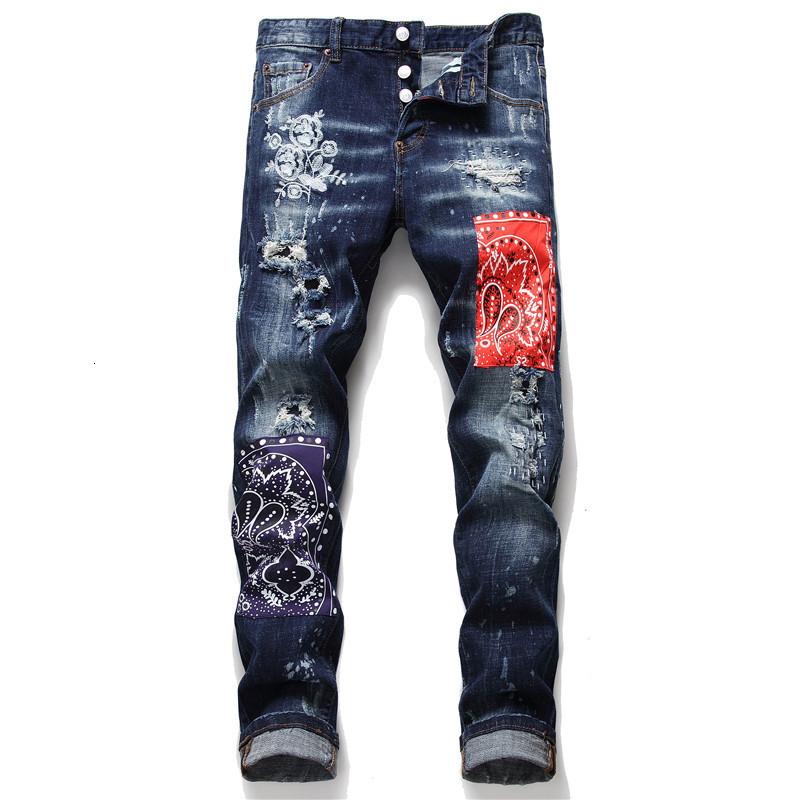 

2020 Moda Hombre Spring Men's Patchwork Ripped Embroidered Stretch Jeans Trendy Holes Patches Design Slim Straight Denim Pants, Indigo