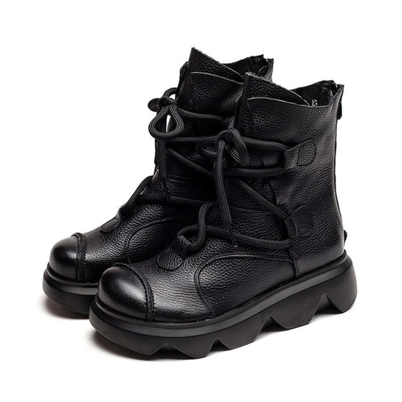 

Autumn Winter New Women's Boots Retro Genuine Leather Short Boots Women's Platform Wedges Comfortable Breathable Knight, Black