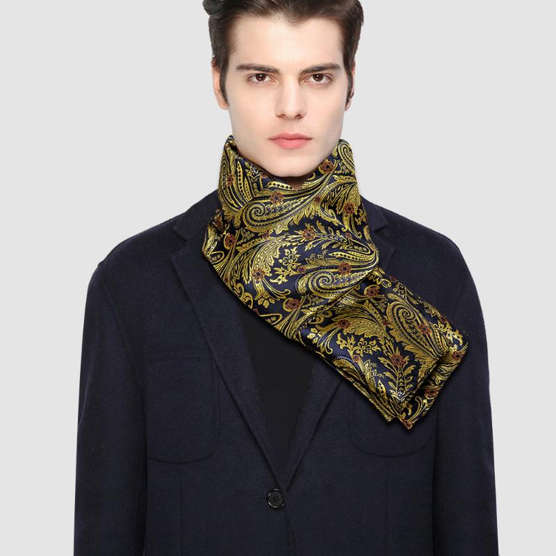 

Winter Designer 160cm Long Men Gold Floral Silk Scarf Male Brand Shawl Wrap Face Scarf Grade A Adult Barry.Wang
