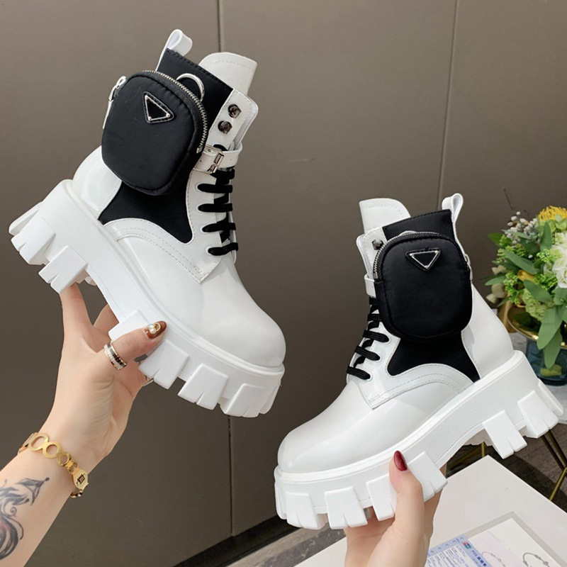

Womens Brushed Rois Leather Nylon Ankle Boots Black White Women Fashion Platform Boots Snow Martin Boot with Removable Pouch high quality