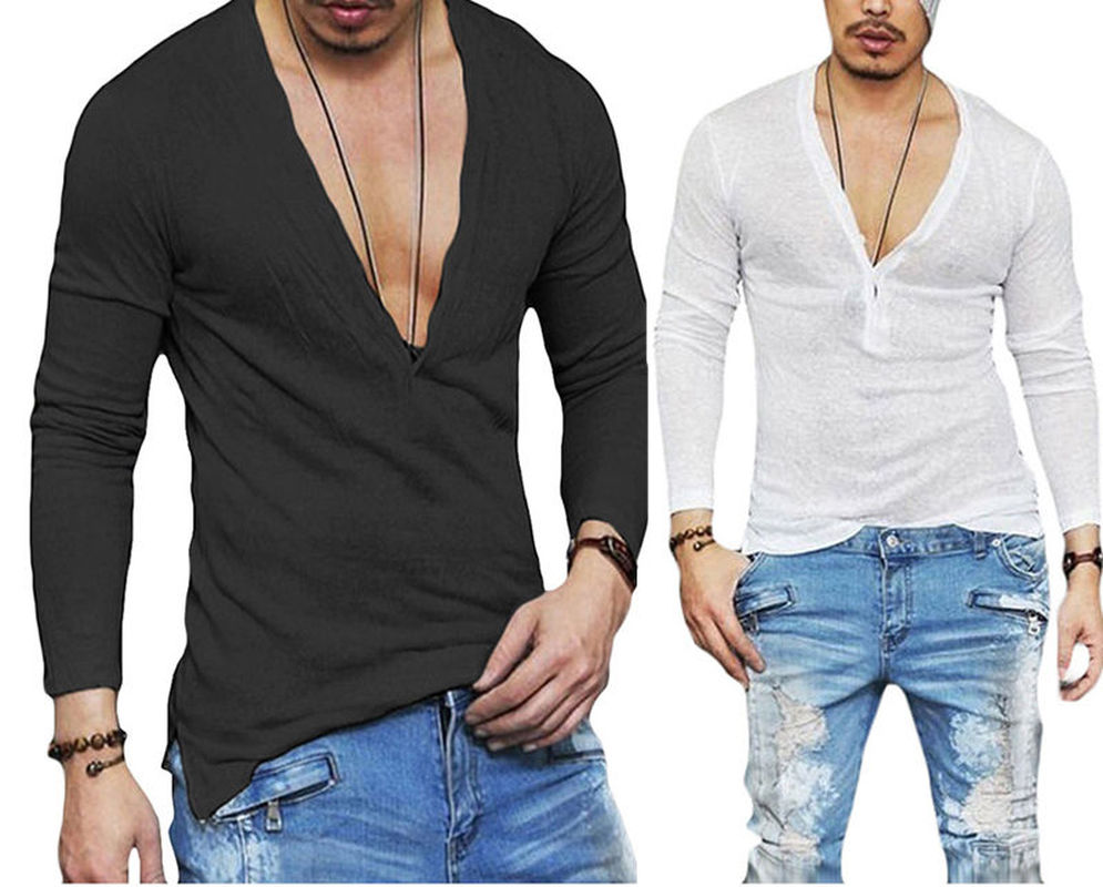 

Stock Fashion Men Casual Slim Fit Long Sleeve Deep V-neck Sexy Shirt T-shirts, White