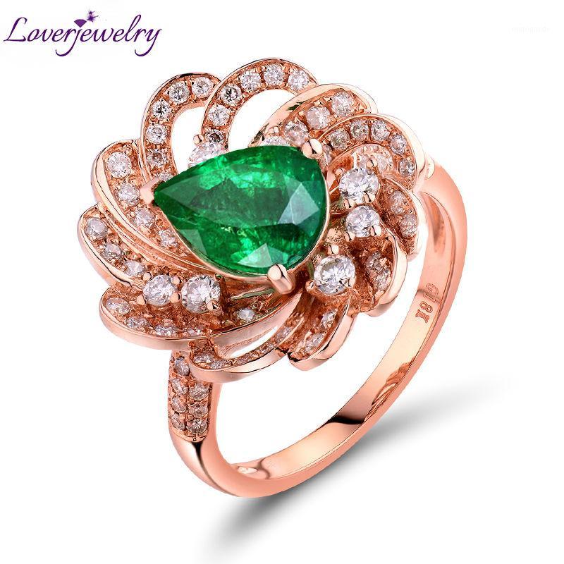 

LOVERJEWELRY Women Emerald Ring Real 18Kt Rose Gold Flower Shape Jewelry 6x8mm Pear Cut Emerald Natural Diamond Engagement Rings1
