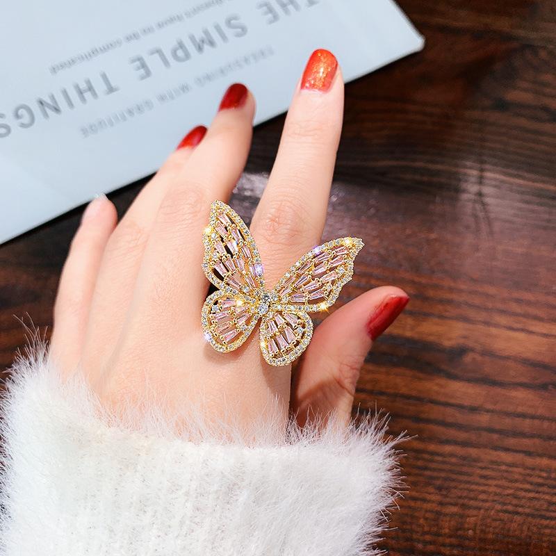 

Korean New Design Hot Sale Fashion Jewelry Luxury Copper Inlaid Pink Zircon Ring Exaggerated Butterfly Prom Open Ring for women