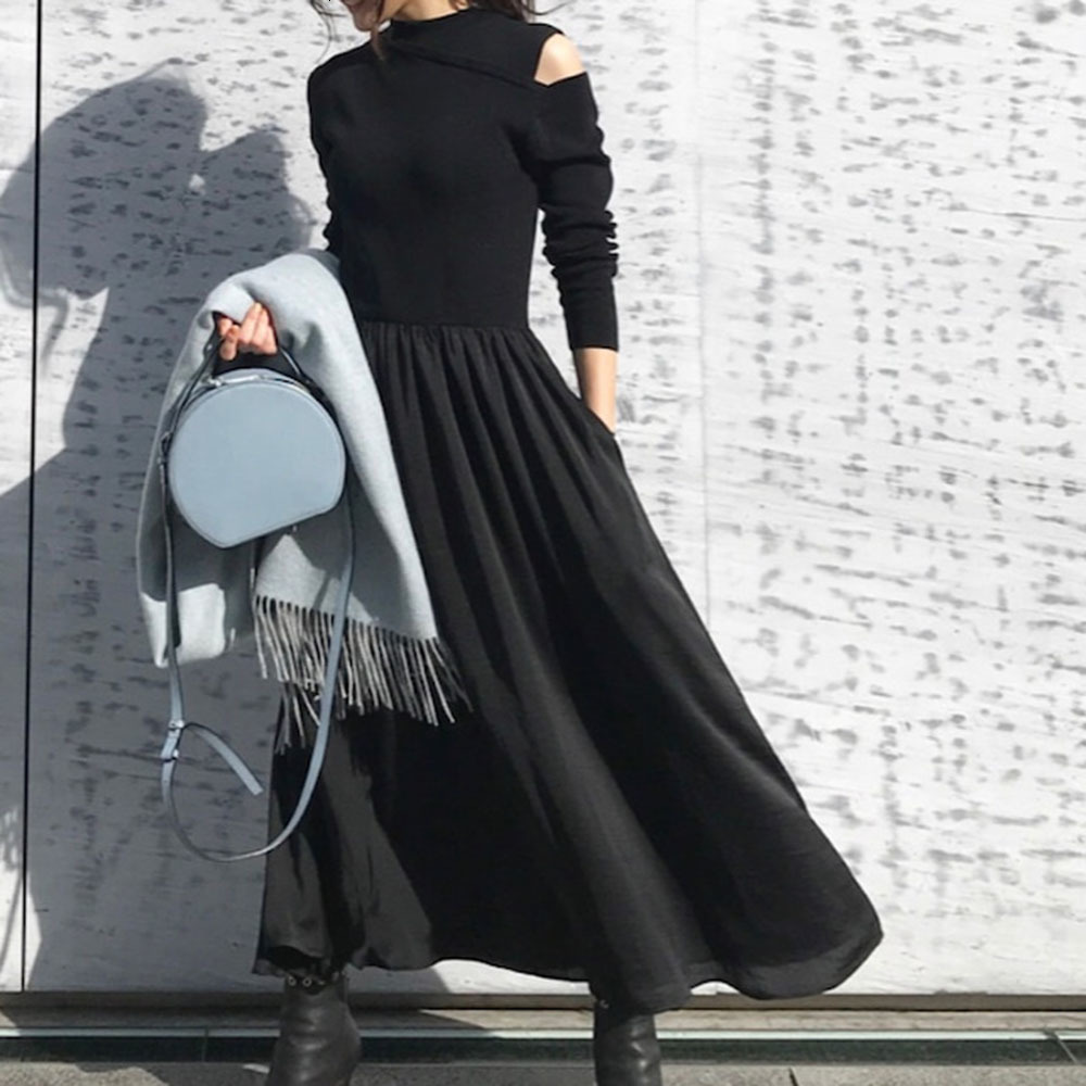 

2021 New Elegant Knitted Sweater Women Korean Causal Autumn Spring Out Sleeve Loose Pullover Long Dress Black RNGD