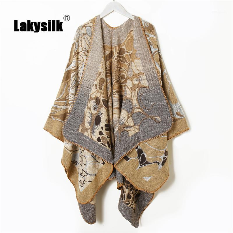 

Women Floral Print Poncho Cape Autumn Winter Female Cashmere Capes High Quality Elegant Cape Shawl Cloakn Khaki1