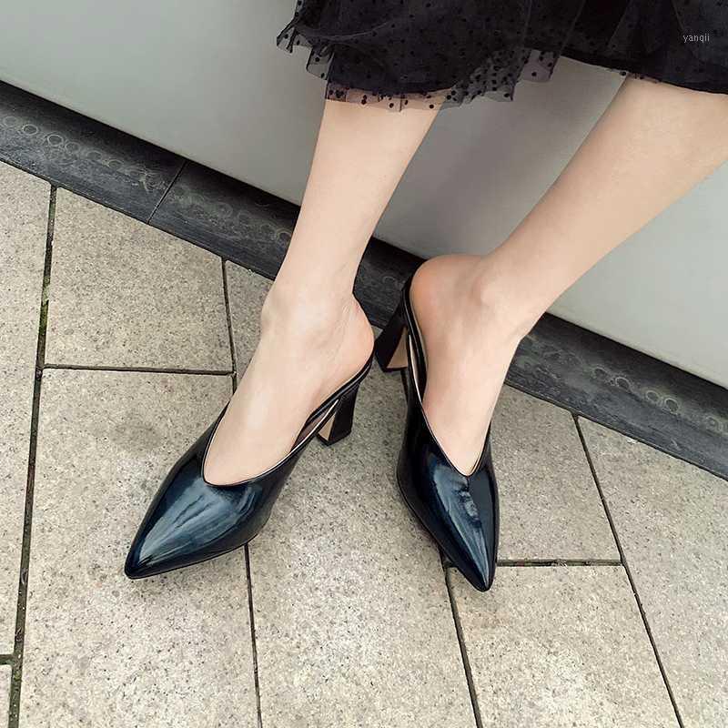 

2020 Pointed Toe Fashion women slippers PU Leather Summer Ladies Pumps Square High Heel Slip on Women Shoes Size 34-431, Black