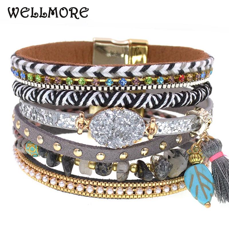 

WELLMORE bohemia bracelets for women stone leather bracelets 3 size multilayer charm & Bangles Female fashion Jewelry