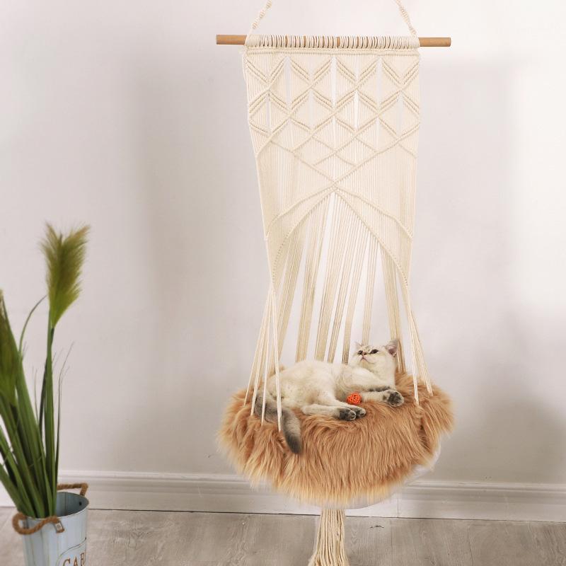 

Cat Bed Hand-Woven Hanging Basket Cotton Pet Nest Cat Dog Hammock Thread Toy Swing Bohemian Wall Hanging Macrame Pet Bed1