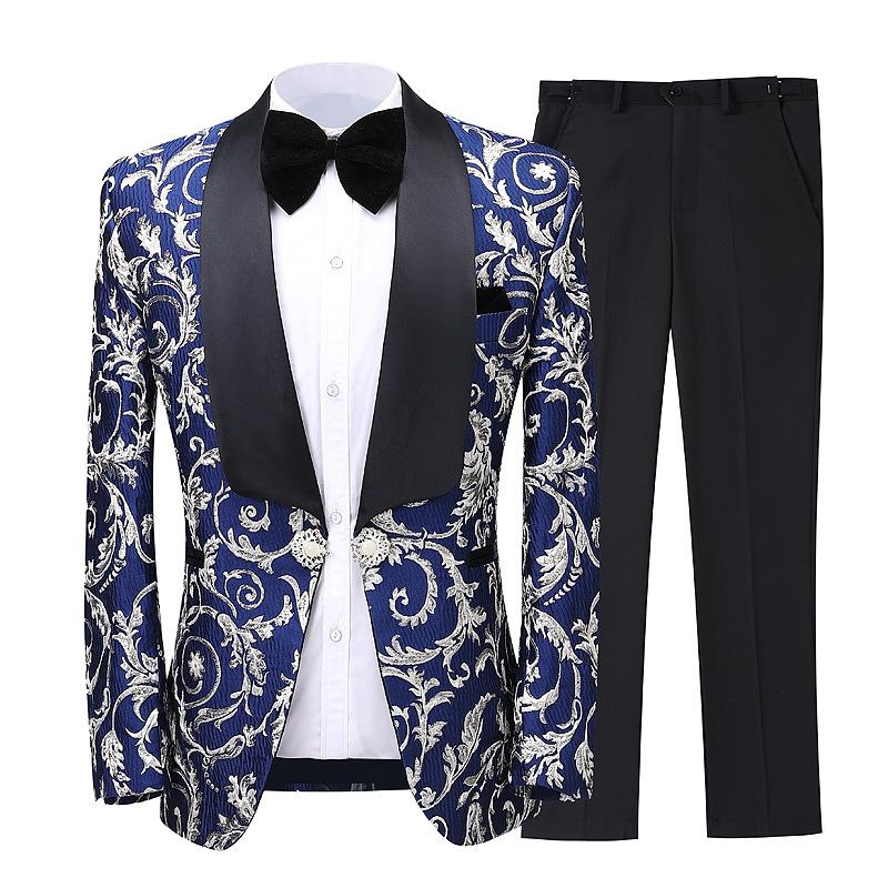 

Latest Coat Pant Designs 2021 Men suit Shawl Lapel Slim 3 Piece Set Suit Blue Floral Jacquard Wedding Groom Singers Prom Costume, As picture