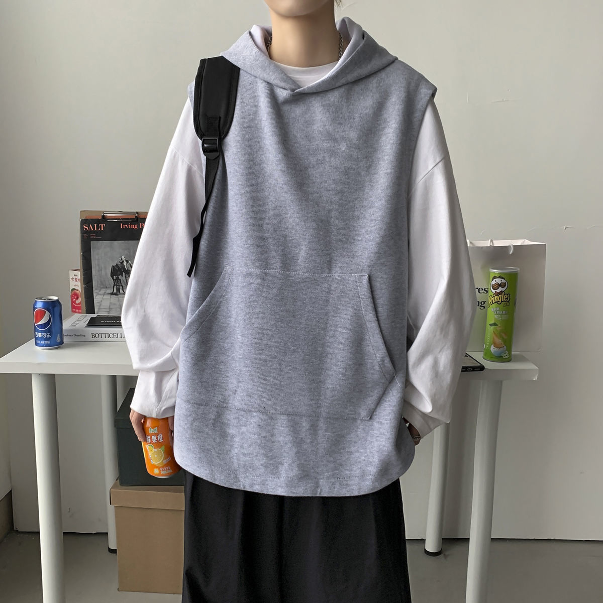 

New 2021 Autumn/winter Colour Thin Mesh Sleeveless Waistcoat Hoodie Sweatshirt Male Wear A1Y7, Gray.