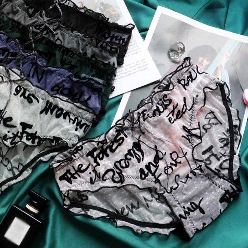 

Mesh Transparent Sexy Panties Women Fashion Letter Bag Hip Breathable Ladies Briefs Bowknot Girly Low Waist Seamless Underwear, Black