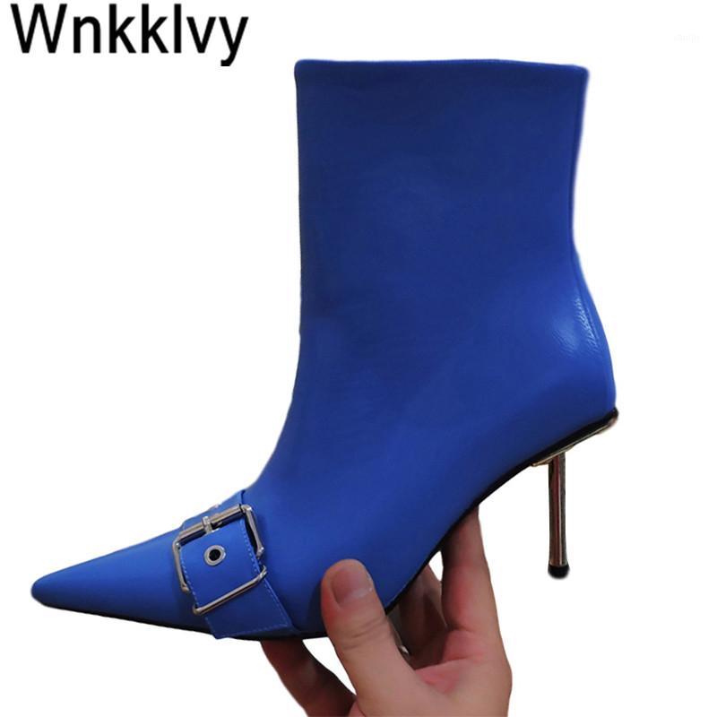 

Metal Thin High Heels Ankle Boots women pointed toe belt buckle decor real leather stilettos 2020 motorcycle boots autumn winter1, Yellow