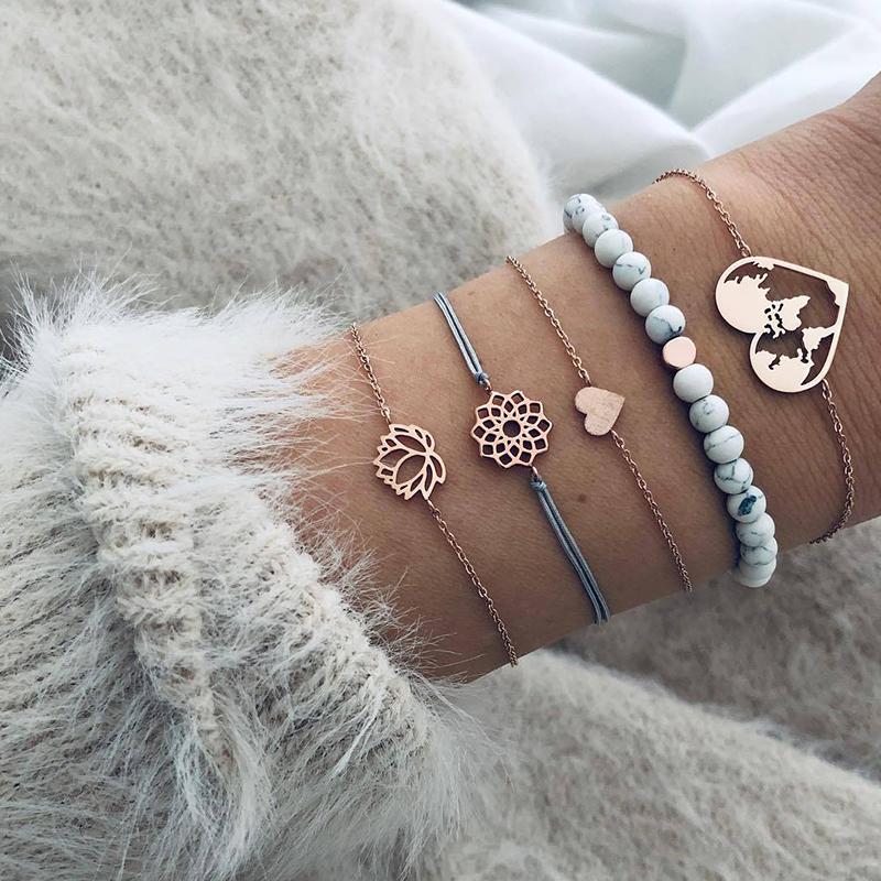 

5Pcs/Set Exquisite Women Lotus Heart Map Beads Chain Gold Bracelet Fashion Party Leather Multilayer Bracelet Set Valentine Gift