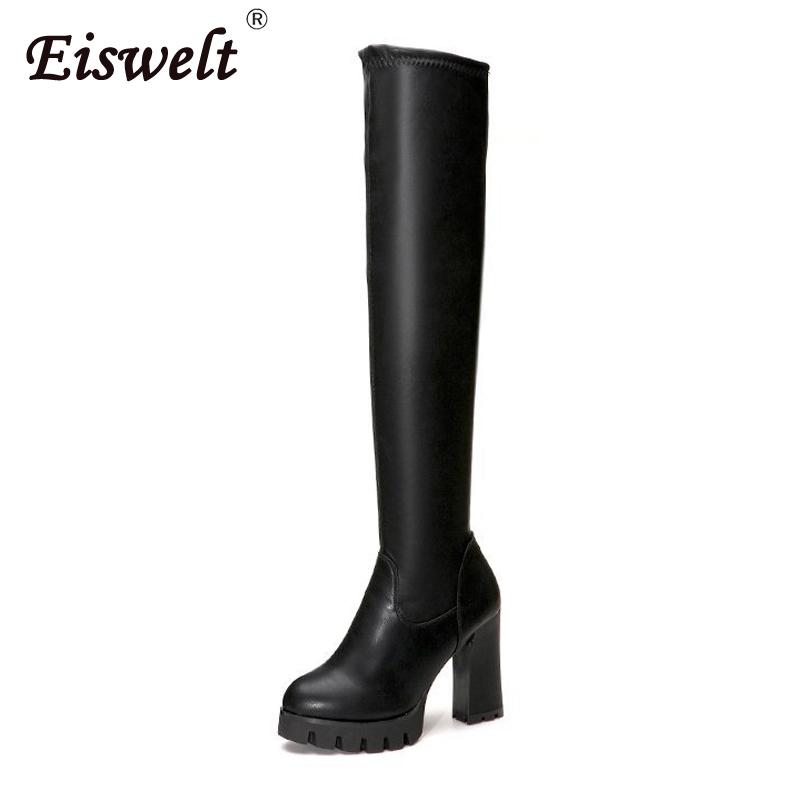 

EISWELT Women Fashion Boots Autumn Winter Round Head Over Knee Length Ladies Shoes Solid Female Casual Elastic High Heel Boots, Black
