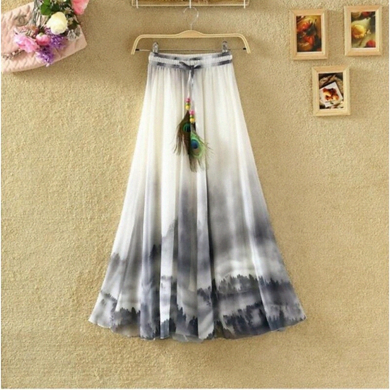 Women's Basic Boho Swing Calf-Length Skirts Party / Evening Floral Graphic Chiffon Mid Waist Green White Purple S M L / Maxi / Stretchy Loose P