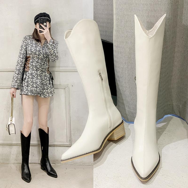 

Genuine Leather 2020 Winter Women Boots Pointed Toe Cowboy Boots Women Shoes, Black