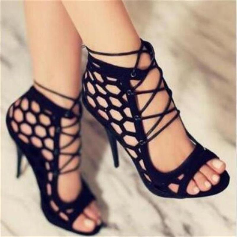 

Sandals Women's Bandage Hollow Fish Mouth Cool Boots 2022 Summer European And American Style High Thin Heel Cross Open Toe Shoes, Black