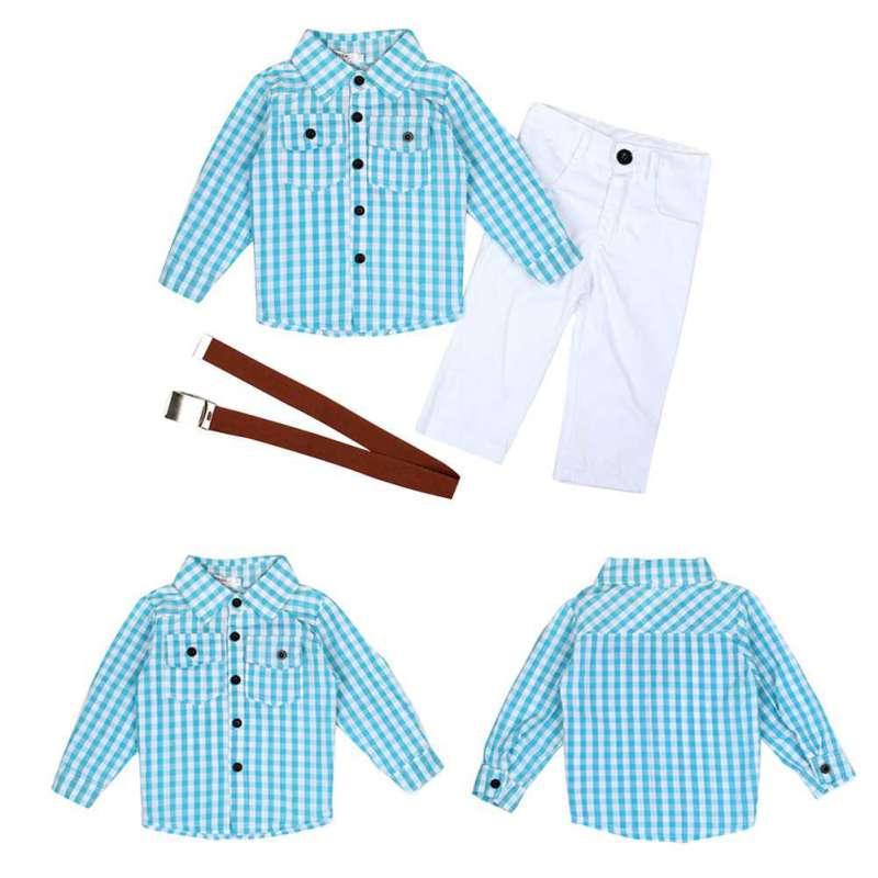 

3Pcs Spring Summer Boys Clothes Set Kids Loose-Fitting Cotton Blend Plaid Shirt+ Pants+ Belt Children Clothing Set A26, White