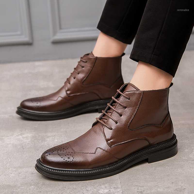 

British fashion mens breathable ankle boots soft leather brogue shoes lace-up short boot bullock botas zapatos de hombre botines1, Black