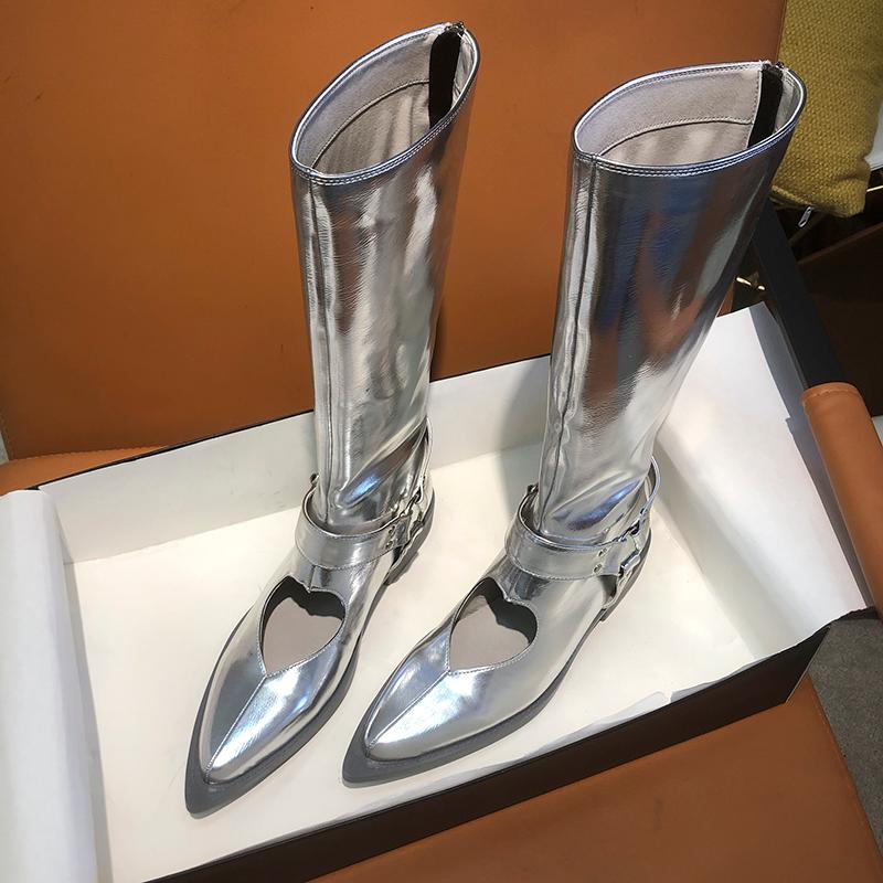 

Cutouts Boots Woman Pointed Toe Shoes Woman Platform Zapatos De Mujer Knee High Botas Mujer Silver Ankle Buckle Ladies Boots, As pic