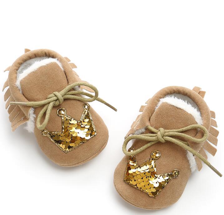 

Newborn Baby Boys Girls Shoes PU Suede Leather Christmas Crown Fringe Soft Soled Non-slip Footwear Crib Shoes Bling boots, D-silver crown